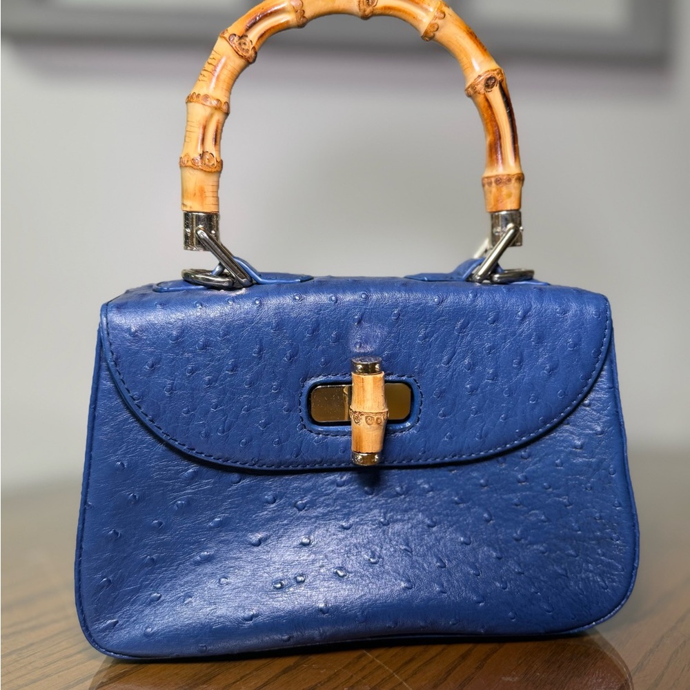 Rare Vintage Ostrich Leather Handbag with bamboo handle